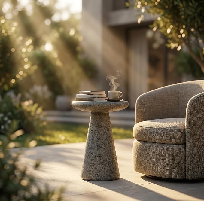 Modern Outdoor Side Table, Lightweight Faux Concrete Accent Table, Sculptural Decorative End Table for Patio, Balcony & Indoor Living Spaces