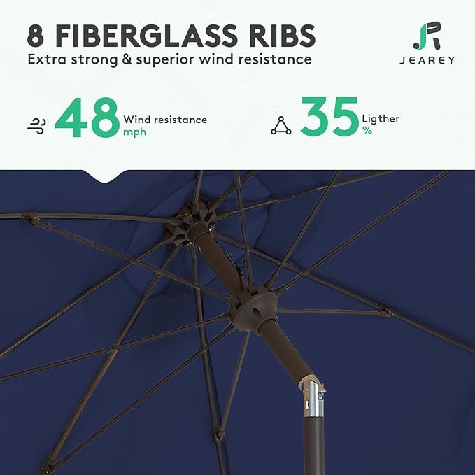JEAREY 9FT Outdoor Patio Umbrella,Market Table Umbrella with 8 Fiberglass Ribs, Pool Umbrella with Tilt and Crank, UV Protection Lightweight & Wind-Resistant for Lawn, Garden, Deck and Backyard, Navy