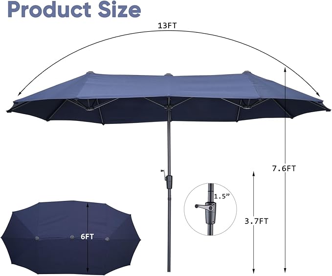 13Ft Large Patio Umbrella Outdoor Double-Sided Market Umbrella w/Easy Crank for Yard, Poolside, Deck, Navy Blue