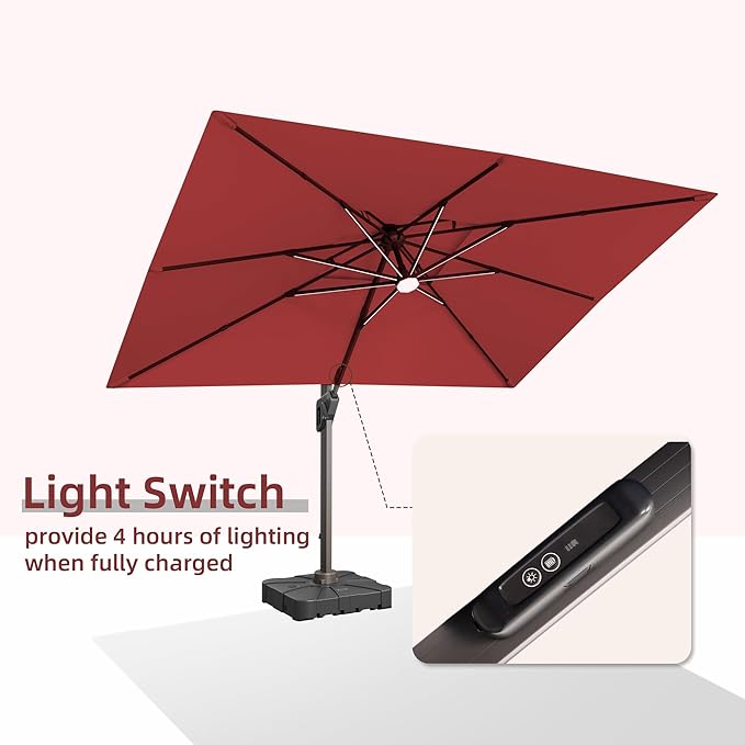 9 X 12 FT Cantilever Outdoor Patio Umbrella with Base Included Large Heavy Duty 360° Rotation Double Top Offset Rectangular Umbrellas with LED Lights for Backyard Outside Deck, Red
