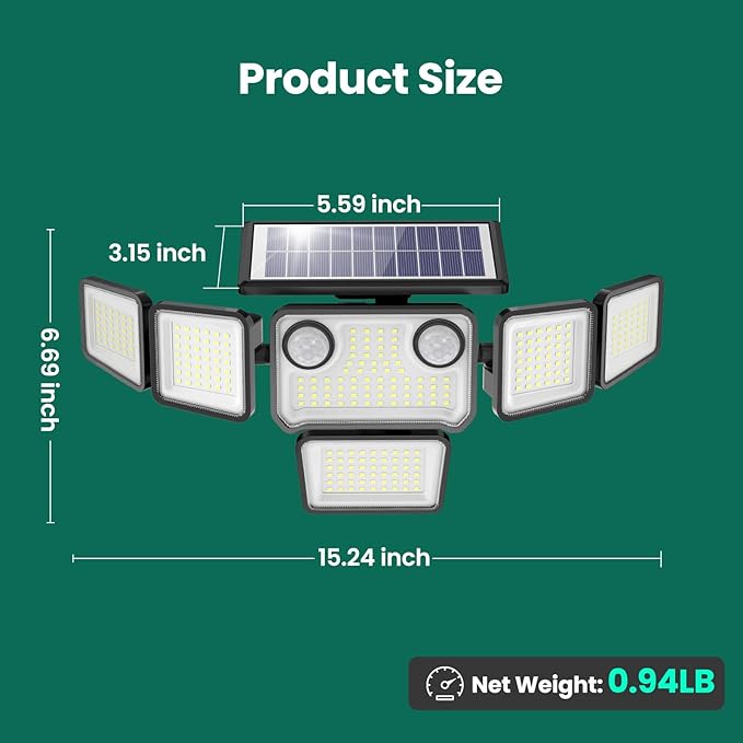 Solar Lights Outdoor, 6000LM 310 LEDs Dual Motion Sensor Solar Flood Lights 6 Heads Security Wall Lights, IP65 Waterproof, Remote Control for Garden, Outside, Backyard, 2 Pack