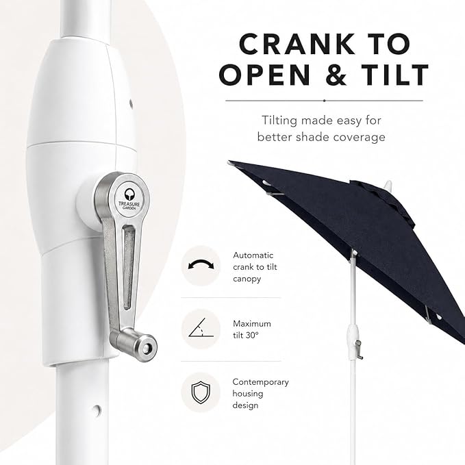Treasure Garden 9ft Patio Umbrella - Outdoor Furniture Market Umbrella – Deluxe Auto-Tilt – White Aluminum Frame (Sunbrella, Navy)