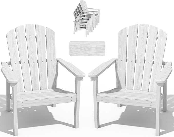 nevilywood Compact Stackable Adirondack Chairs Set of 2,HDPE,380lbs,White | 26.3" Wide HDPE.All-Weather Outdoor.Maintenance-Free.Stackable for Storage.25°Curved Straight Backrest.Quick Assembly