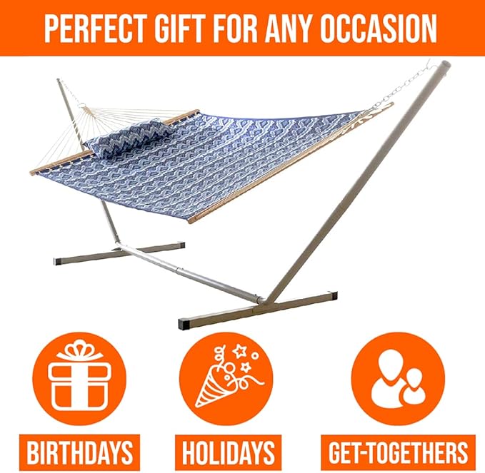 Castaway Living Large 2-Person Quilted Hammock with Stand & Pillow – Ikat, 10 ft. L x 52 in. W, 350 lb Capacity, Weather-Resistant Polyester, Portable Space-Saving Frame