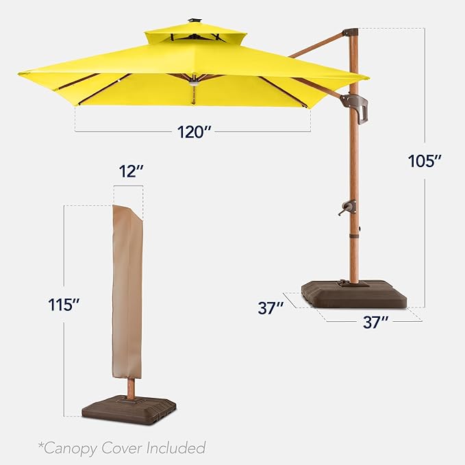 Best Choice Products 10ft Square Cantilever Patio Umbrella w/Base Included, Woodgrain Pattern Pole & Solar LED Lights, 360-Rotation, Offset Hanging Outdoor Shade