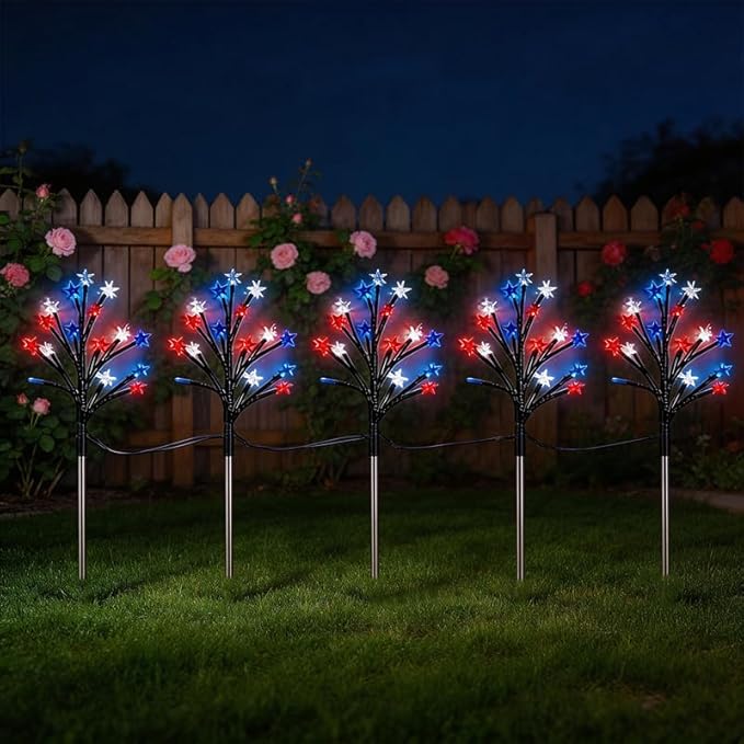 4th of July Decorations Outdoor, 5 Pack Solar Star Lights Red White Blue, 29.5IN 22.3FT 75 LED Patriotic Pathway Lights, 8 Modes Auto On/Off IP65 Waterproof Yard