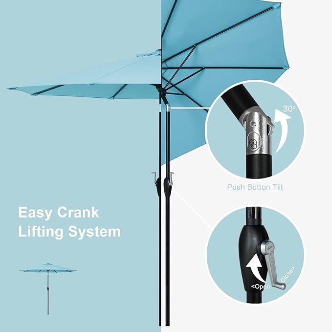 Tempera Striped Patio Umbrellas Outdoor Table Market Umbrellas with Crank & Pust Button Tilt|Auto-Tilt, 8 Steel Ribs, High Color-Fastness Canopy