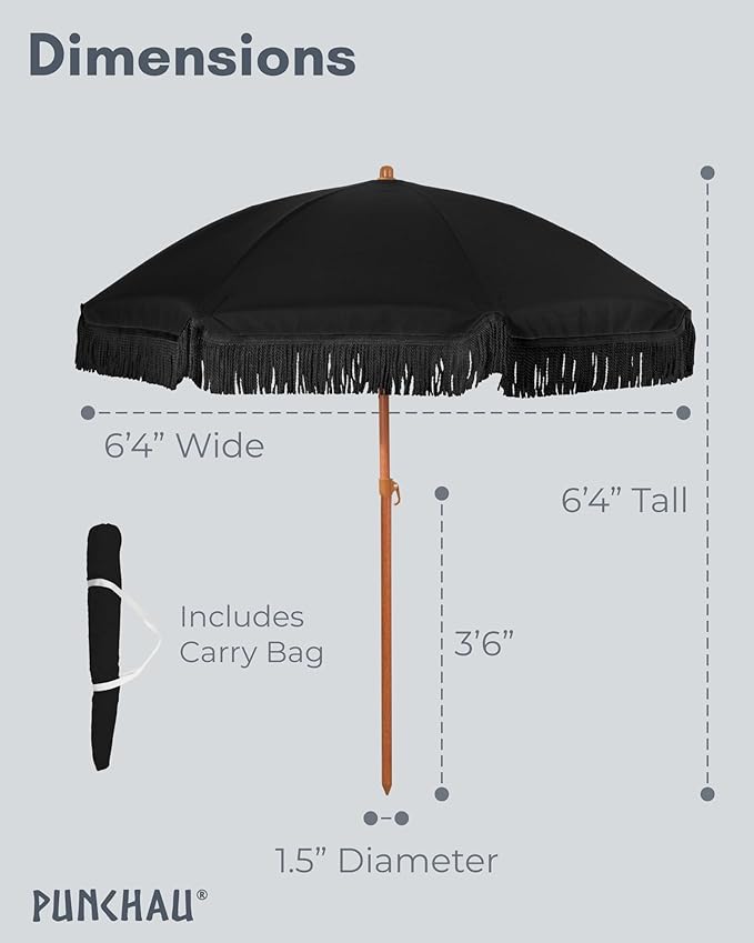 6 Ft Fringe Patio Umbrella - Outdoor Umbrella for Patio, Pool, Table, Garden, Deck, Beach, and Outdoors - Fashionable Boho Vintage Tassels & Wood Print - Push Button Tilt Pole