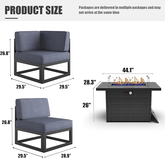LayinSun Large Aluminum Patio Furniture Set with Fire Pit Table, 9 Pieces Modern Outdoor Conversation Set Sectional Metal Sofa Set with Olefin Cushion