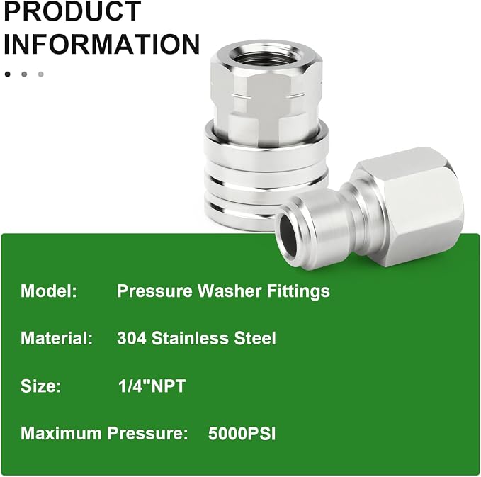 TAISHER 2PCS 304 Stainless Steel 1/4" Female NPT High Pressure Washer Quick Connect Coupler for Pressure Washing Gun Hose Accessories