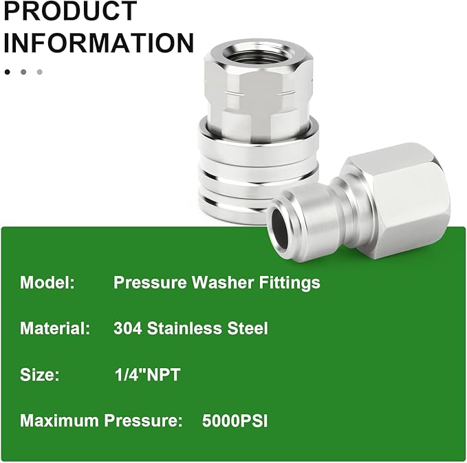 TAISHER 6PCS 304 Stainless Steel 1/4" Female NPT High Pressure Washer Quick Connect Coupler for Pressure Washing Gun Hose Accessories