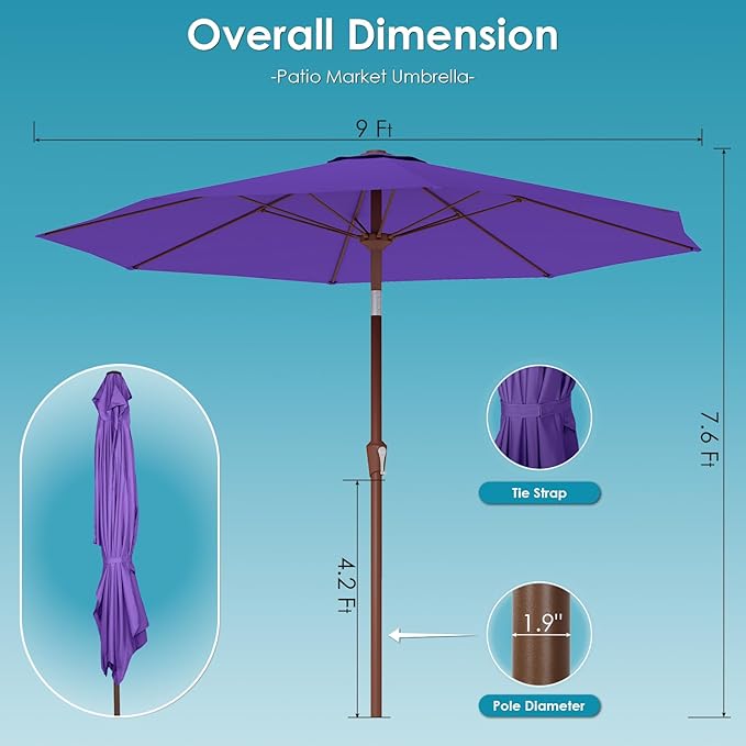 GREENVINES 9-FT-Patio-Umbrella | Outdoor-Table-Umbrellas | 8 Sturdy Fiberglass Ribs | Push Button Tilt & Crank | Waterproof | Market Umbrella | for Pool Backyard Garden Deck | Purple