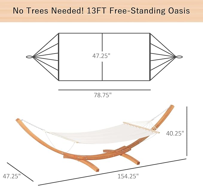 Outdoor Hammock with Stand, Heavy Duty Wood Hammock Stand, 13FT Free Standing Hammock with Breathable Cotton Bed & Spreader Bars, 330lbs Sturdy Backyard Hammock with Stand for Outside, White