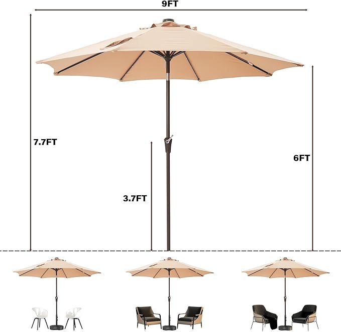 9FT Solar-Powered LED Patio Umbrella with Tilt Crank,Outdoor Market Umbrella with 32 Lights,Sunshade for Deck, Garden and Pool