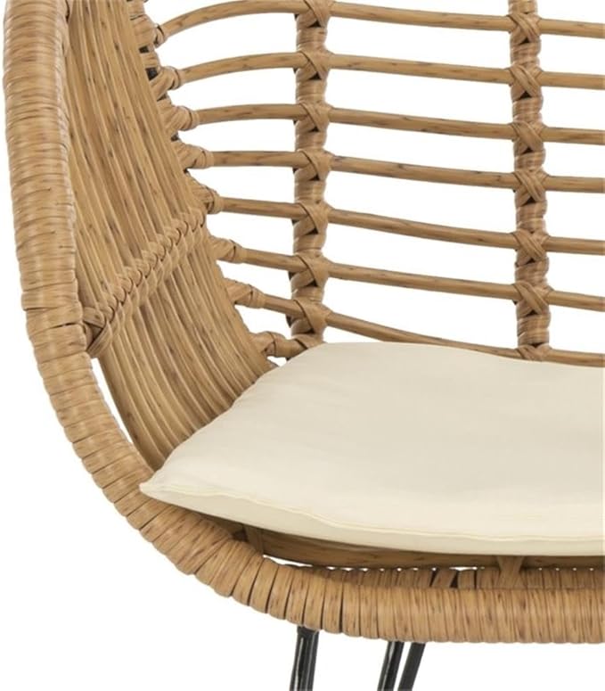 SAFAVIEH Outdoor Collection Alton Light Brown Rattan/White Seat Cushion 3-Piece Patio Lounge Bistro Set with Table (PAT9004A)