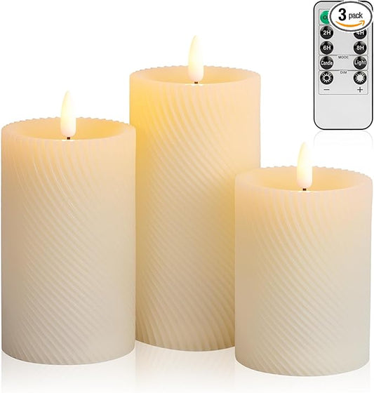 ANGELLOONG Flickering Flameless Candle with Remote, Real Wax Battery Operated Candles with Timer, Set of 3 Fake LED Electric Pillar Candles for Home Party Holiday Christmas Decor, Twill