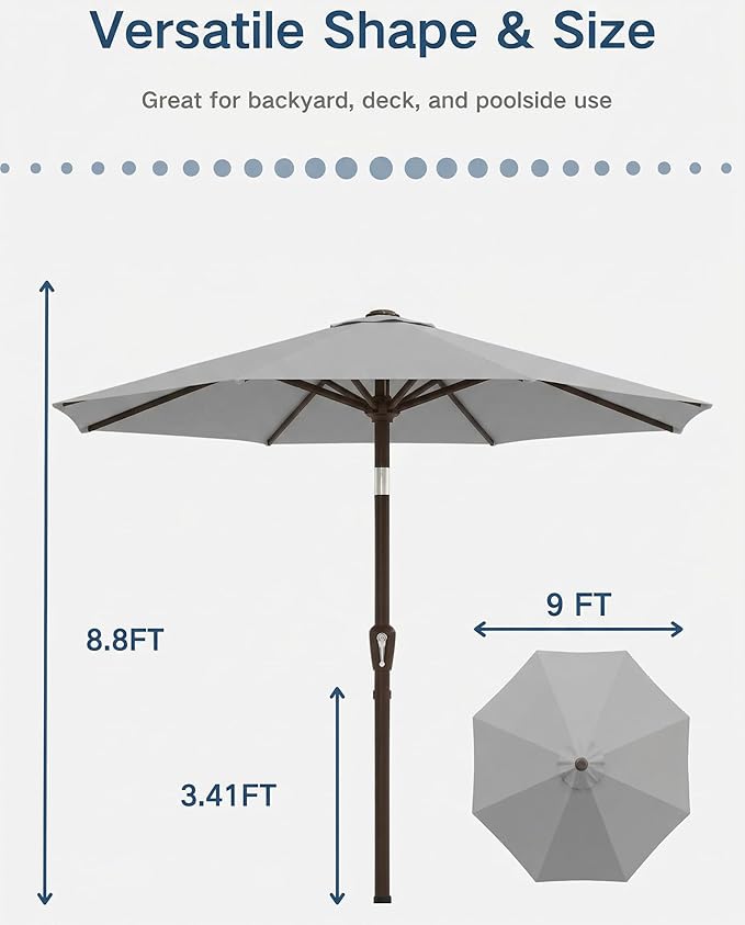 PatioKingdom Auto-Tilt 9FT Patio Umbrella Outdoor with 8 Sturdy Fiberglass Ribs,Market Table Umbrella for Pool,Backyard,Deck and Garden