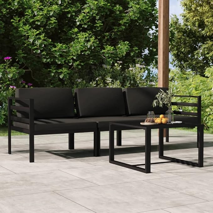 4-Piece Aluminum Garden Lounge Set, Modular Outdoor Patio Sectional Furniture with Matte Anthracite Metal Frame, Includes 1 Table, 3 Seats and Cushions for Balcony Backyard