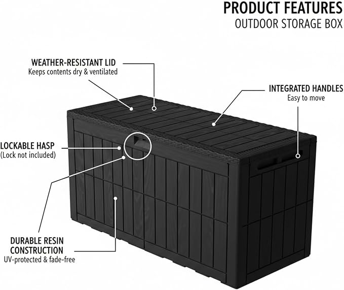 100 Gallon Large Deck Box, Outdoor Resin Storage Boxes for Patio Furniture, Outdoor Cushions, Garden Tools, Water Resistant and Lockable, 48.03 x 24.02 x 21.26 in, Black