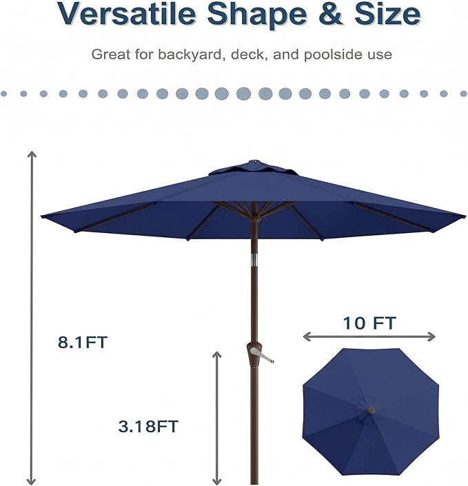 PatioKingdom 10FT Patio Umbrella with Push Button Tilt and Crank, Outdoor Market Umbrella with 8 Fiberglass Ribs, UV Protection Table Umbrella for Pool,Backyard,Garden,Deck