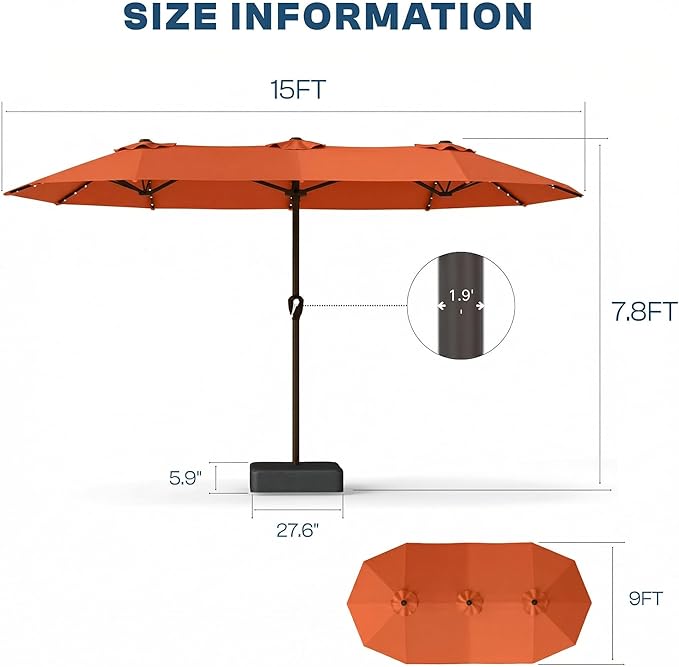 15FT Patio Umbrella with Solar Lights, Double-Sided Extra Large Outdoor Table Umbrella with Base Included, Heavy-Duty 12 Iron Ribs Market Umbrella for Garden, Pool, Backyard, Terracotta