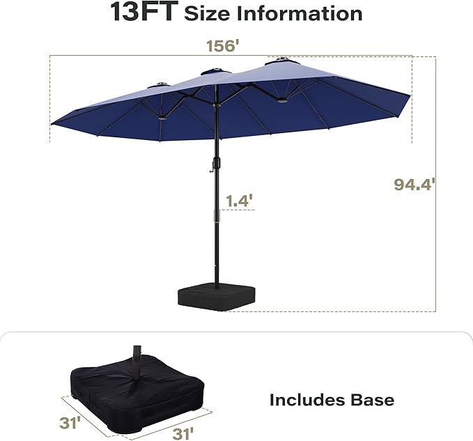 EO Living 13ft Large Patio Umbrella, Double-Sided Rectangle Outdoor Umbrella with Base Included, Table Umbrella for Poolside Deck Market (Navy Blue)