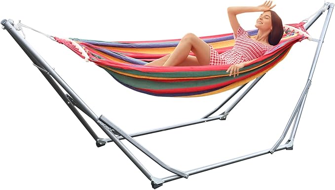 2-Person Luxury Hammock with Steel Stand, Premium Cotton Blend 100" Large Bed- Heavy Duty 450lbs Portable w/Carrying Case, for Garden Yard Patio Outdoor Camping Gifts Washable Red