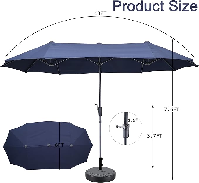 13 ft Patio Umbrella with Base, Large Rectangle Outdoor Umbrella with Matching Stand, Strap, Crank, Navy Blue