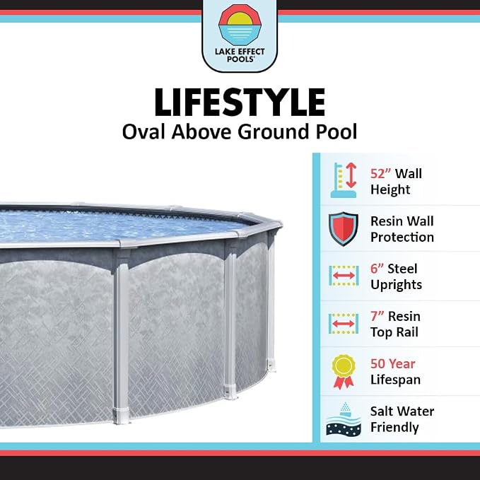 Lake Effect Pools 'Lifestyle' 18 ft x 33 ft Oval Above Ground Swimming Pool | 52 Inch Resin Protected Steel Sided Walls | Bundle Includes: 25 Gauge Overlap Liner & Widemouth Skimmer