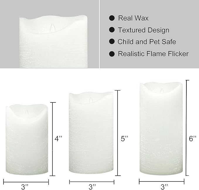 Flameless Candles Flickering Set of 3 (D 3’’ x H 4’’ 5’’ 6’’) Real Wax Battery Operated LED Candle with Timer Home Decorative Pillar Lights,Wedding Party Events Decor,White