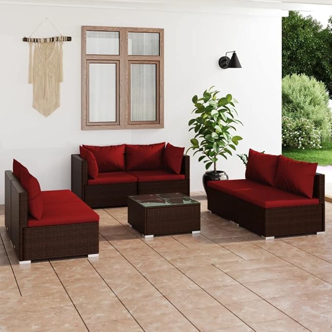 7 Piece Patio Lounge Set with Cushion, Outdoor Patio Sectional Furniture Conversation Sets Piece Patio Set Patio Lounge Set s Poly Rattan Brown