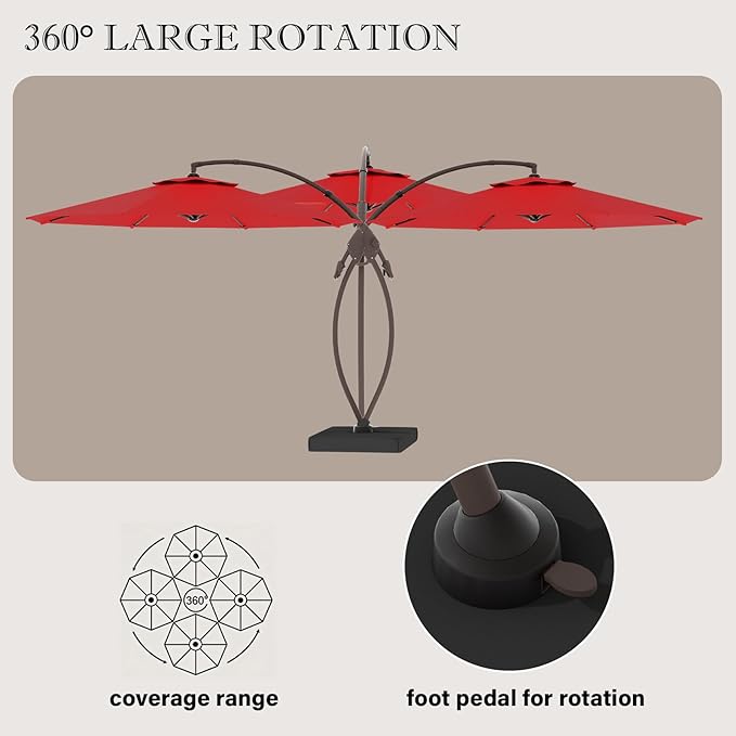 Cantilever Umbrella with Heavy-Duty Base, Outdoor Large Round Aluminum Offset Umbrella for Patio Garden Backyard, UV-Resistant Waterproof Canopy, 360° Rotation & Tilt Adjustment