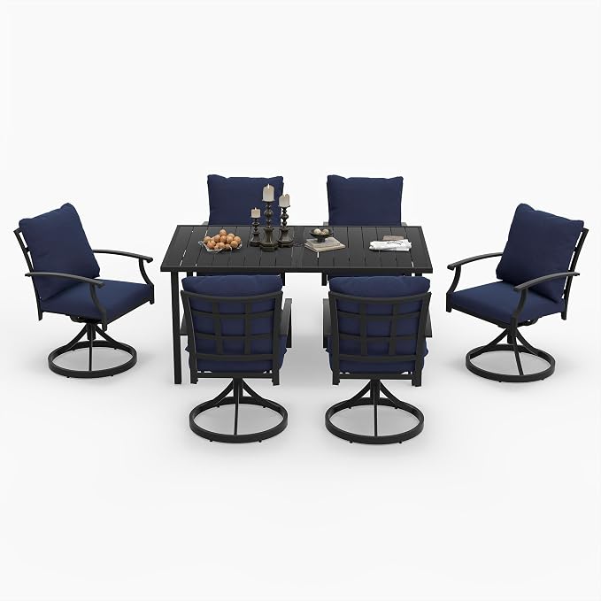 HAPPATIO 7-Piece Patio Dining Set, Outdoor Dining Set with Powder-Coated Metal,Dining Table with Umbrella Hole, 6 Swivel Chairs with Removable Cushions for Porch Poolside Garden,Navy Blue
