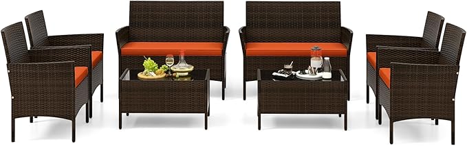 Tangkula 8 Piece Patio Rattan Conversation Set, Outdoor Wicker Furniture Set with Chair, Loveseat & Tempered Glass Table, Cozy Seat Cushions, Outside Sectional Sofa Set for Backyard (2, Orange)