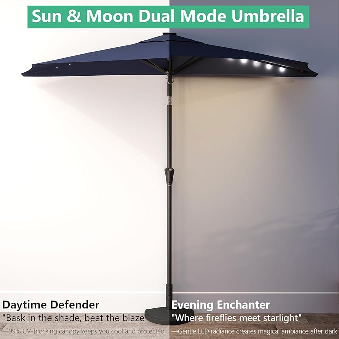 Helios&Hestia 9 ft Small Half Round Solar Powered Wall Outdoor Market Patio Umbrella with LED Lights and Tilt for Garden, Deck, Balcony