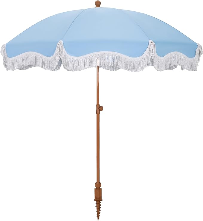 HERA'S PALACE 7ft Heavy Duty Beach Umbrella with Sand Anchor, Fringe Umbrella for Sand, UV 50+, Patio Umbrella with Tilt Pole for Garden Pool Backyard