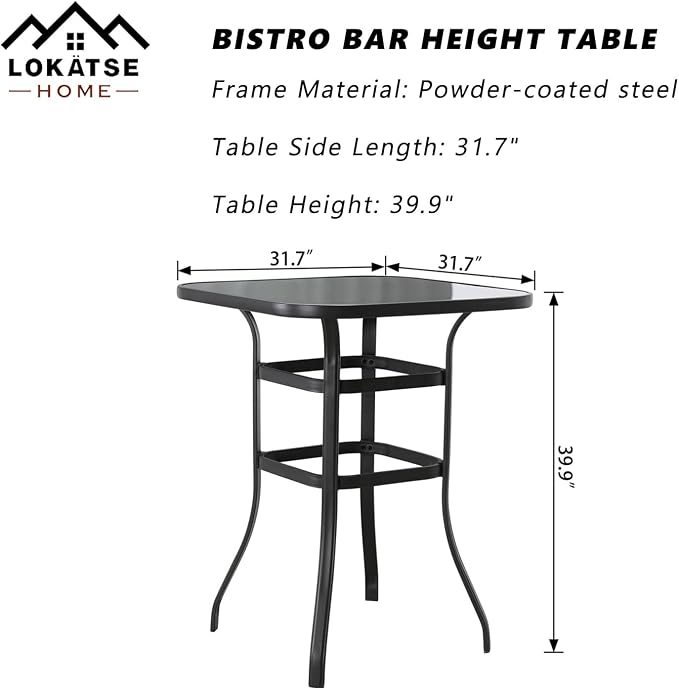 LOKATSE HOME Outdoor Bistro Bar Height Table Metal Frame Square Tempered Furniture Glass Top All Weather for Patio