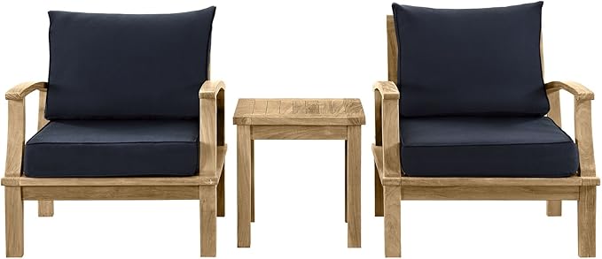 Modway Marina Teak Wood 3-Piece Outdoor Patio Furniture Set in Natural White
