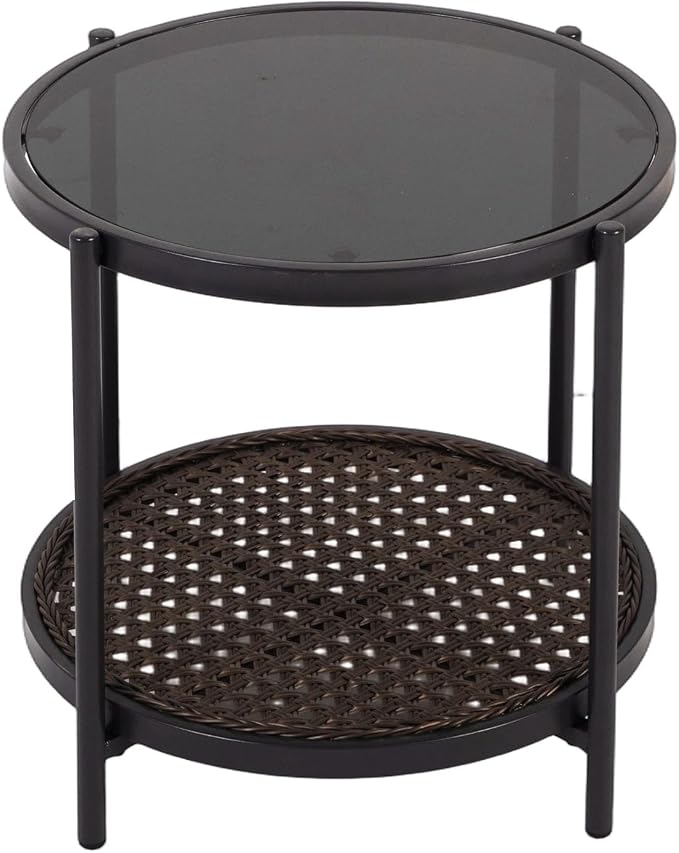 Outdoor Rattan Coffee Table - Patio Wicker End Table with Extra Storage Shelf, Rattan Outdoor Side Table with Round Glass Tabletop for Garden, Backyard, Porch, Black Gold