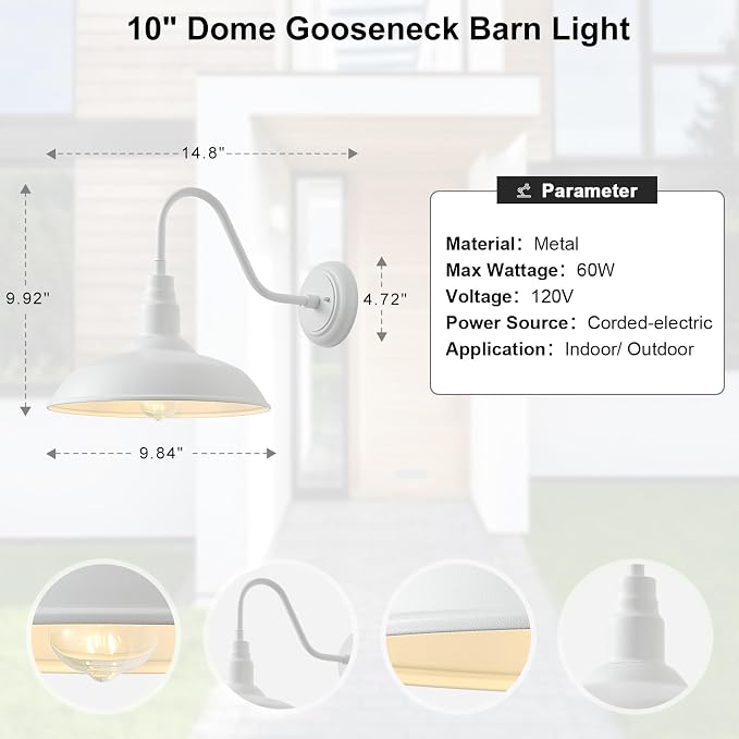 10" Outdoor Barn Lights for Farmhouse, Gooseneck Outdoor Light in Matte White, Farm Exterior Lighting Fixtures with Wall Mount, 2-Pack Outside Wall Sconce for Porch, Garage, Front Door