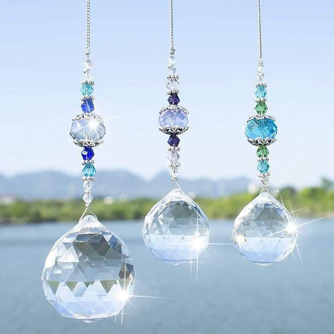 3 Pcs Clear Crystal Ball Prism Suncatcher Rainbow Maker Window Decor | Clear Crystal Ball Prism Suncatcher Rainbow Maker Hanging Pendant Set of 3 for Window Garden Home Office Wedding Party Decor