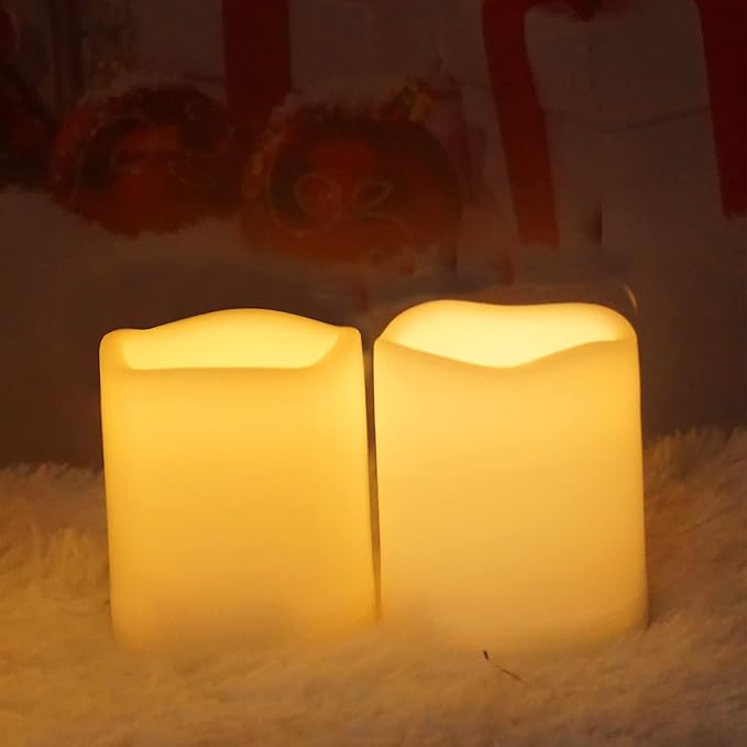 Outdoor Indoor Flameless Pillar Candles, 2 Pack Plastic Resin Battery Operated Electric LED Candle Sets with Cycling 24 Hours Timer Function for Home Party Wedding Decoration, 3"x3"
