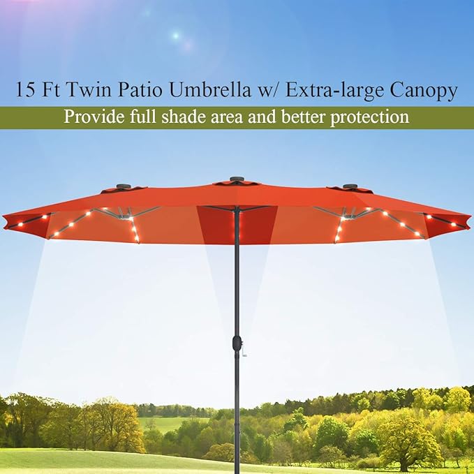 Tangkula 15 Ft Solar Patio Umbrella with Base, Extra Large Outdoor Double-Sided Twin Umbrella with 36 LED Lights & Crank Handle for Garden, Deck, Poolside, Patio (Orange)