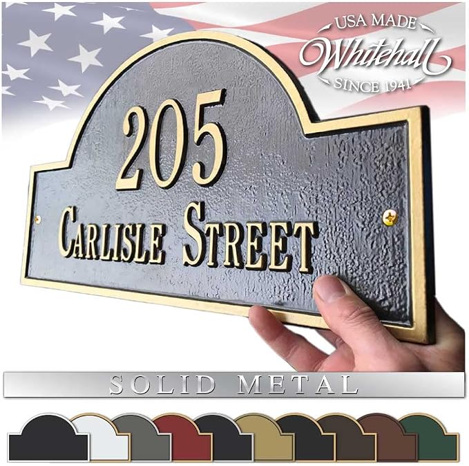 Whitehall Personalized Cast Metal Address Plaque with Arch Top. Made in the USA. Display Your Address and Street Name. Custom House Number Sign. Wall Mounted Sign.