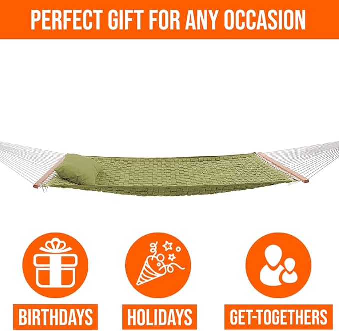 Castaway Living 13 ft. Large Green Soft Weave Hammock with Free Pillow, Storage Bag, Extension Chains & Tree Hooks, Accommodates 2 People, 450 LB Weight Capacity, 13 ft. x 55 in.