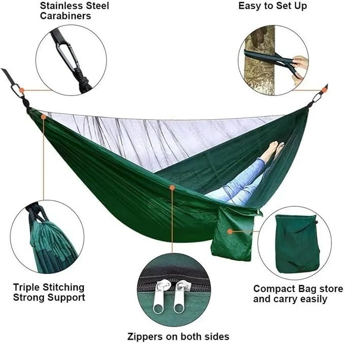 Hammocks, Camping Hammock with Mosquito Net Portable Parachute Strap Double Travel Hammock,Outdoor Backpacking Hammock Swing Chair,for Outside(Gray and Black)