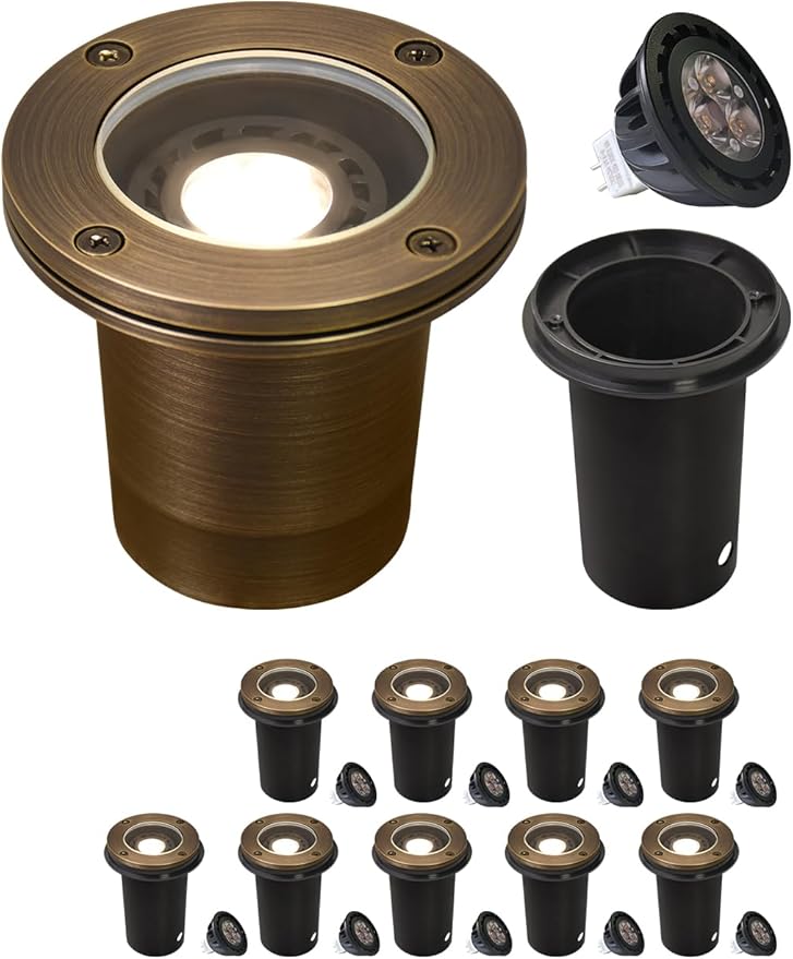 MALORY Brass Landscape Well Lights, (φ99 mm) 12V Low Voltage Outdoor In Ground Lights,Landscape Lighting for Pathway, Driveway, Garden 1 Pack with Bulb (Full Brass -01A, 10-Pack with Bulb)
