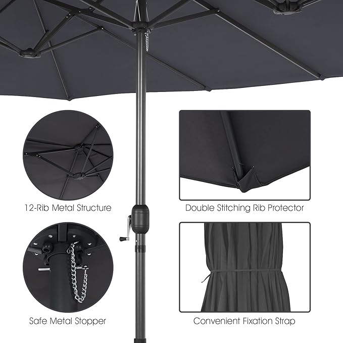 Tangkula 15FT Double-Sided Patio Umbrella, Outdoor Market Umbrella W/Hand-Crank System & Enhanced Base, Ultra-Large Twin Garden Umbrella W/ 12-Rib Structure for Residential & Commercial Use (Gray)