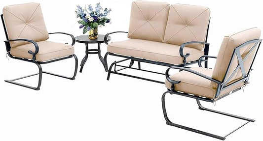 4 Pieces Metal Outdoor Furniture Patio Conversation Set, Glider Chairs Set with Round Side Table, Spring Lounge Chair Sets Metal Frame Wrought Iron Look (Brown)