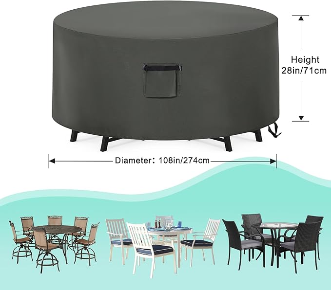 ABCCANOPY Round Table Cover, 108DIA x 28H, Grey, Waterproof, Dustproof, Windproof, UV Resistant, Universal Furniture Table Cover